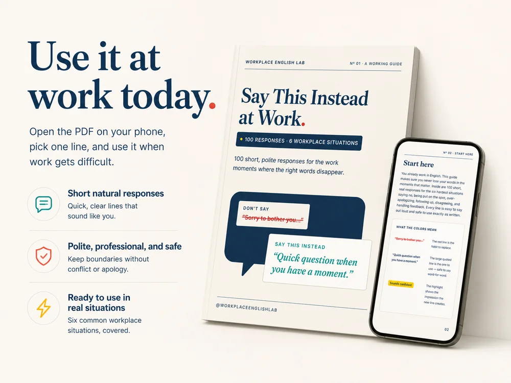 Say This Instead at Work guide shown beside a phone for easy use at work